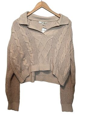 Cozy Cable Knit V-Neck Cropped Sweater - color is tan, size XL